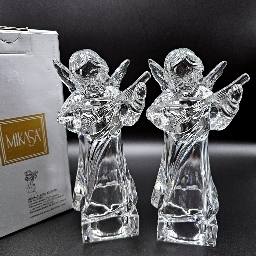 Mikasa Herald Collection Crystal Angel Candle Holders Set 2 Cherub Candlesticks